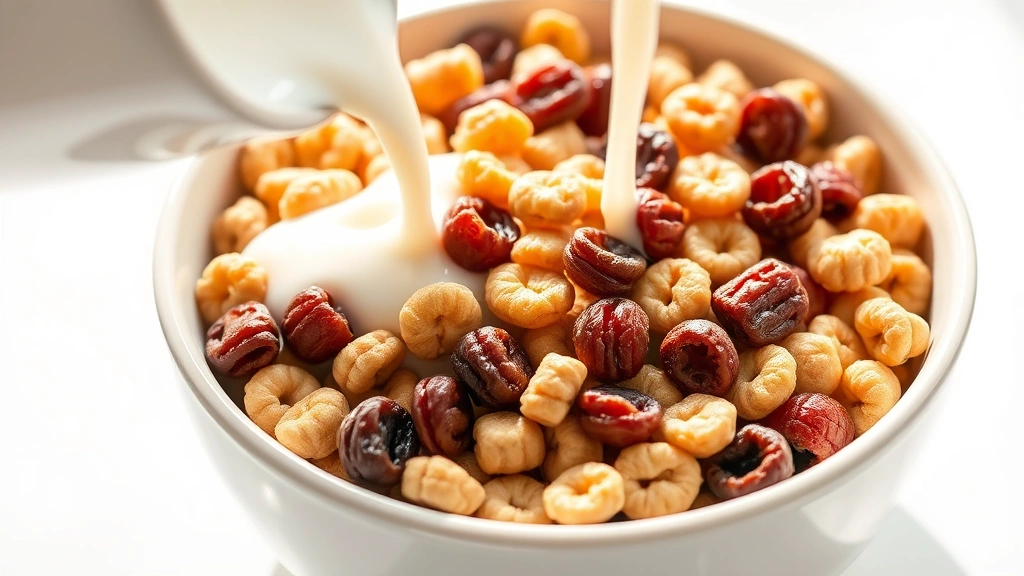 Professional food photography of a ceramic bowl filled with raisin bran cereal, individual raisins visible throughout the mixture, fresh milk being poured, bright natural morning light, clean white background, shallow depth of field