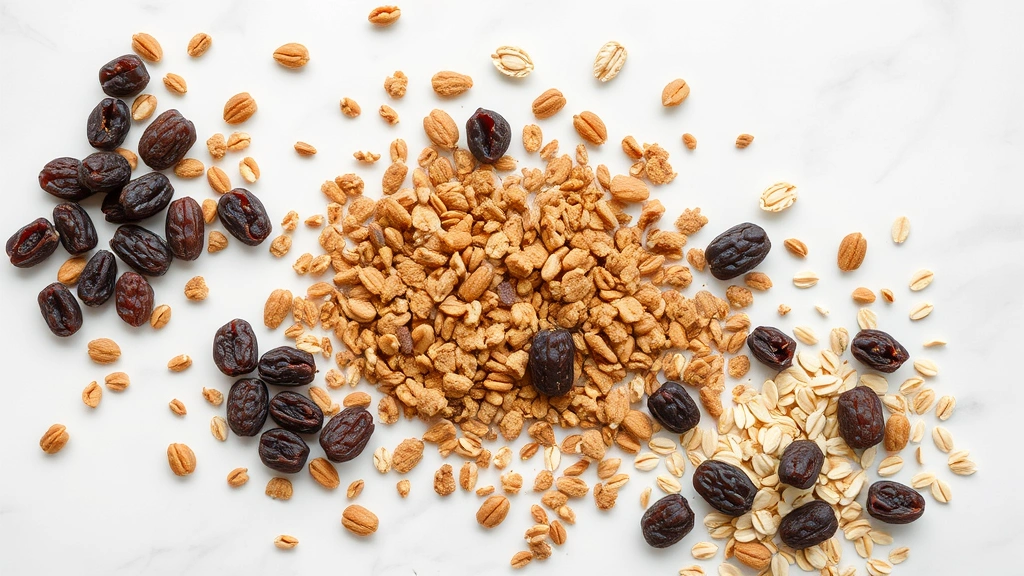 Flat lay overhead shot of scattered whole grain bran pieces, dark raisins clustered together, a few loose raisins, and scattered oat grains on a white or light gray marble surface, natural diffused daylight, minimalist composition