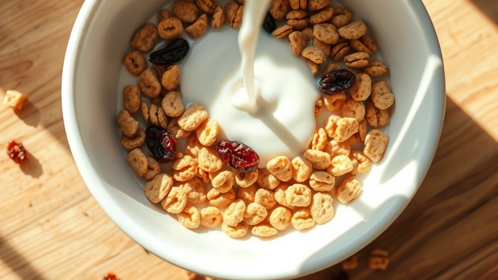 Close-up overhead view of raisin bran cereal in white bowl with fresh milk being poured, morning sunlight streaming across wooden breakfast table, scattered individual bran pieces visible