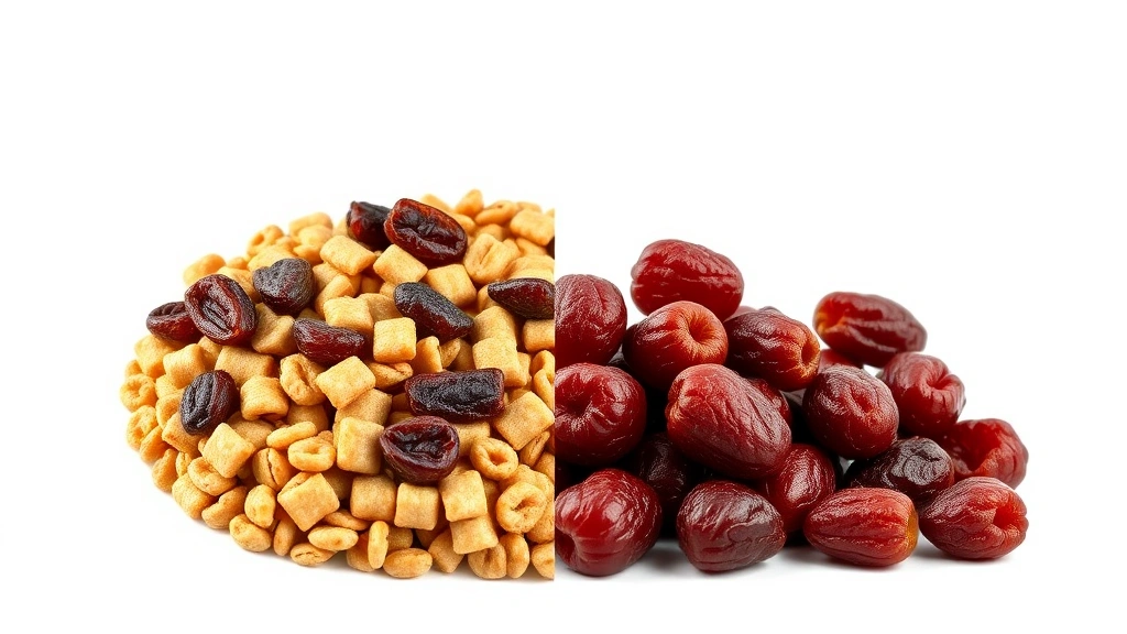 Split-screen comparison showing raisin bran cereal on left side and nutritional components (wheat bran, raisins, fortified vitamins) visually separated on right side, clean white background, professional food photography style