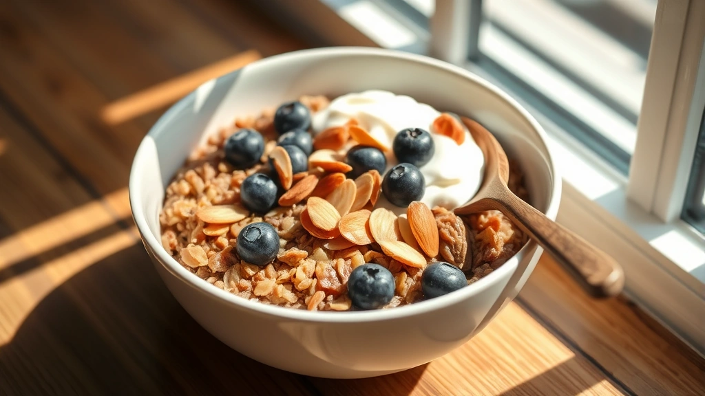 Vibrant breakfast bowl scene with raisin bran topped with fresh blueberries, sliced almonds, and Greek yogurt, natural window light creating warm shadows, wooden spoon resting on rim