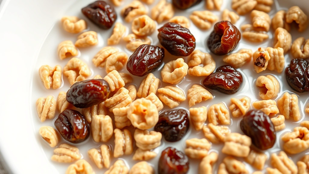 Close-up of raisin bran cereal in a white bowl with milk, showing texture contrast between bran pieces and raisins, natural lighting, minimalist composition