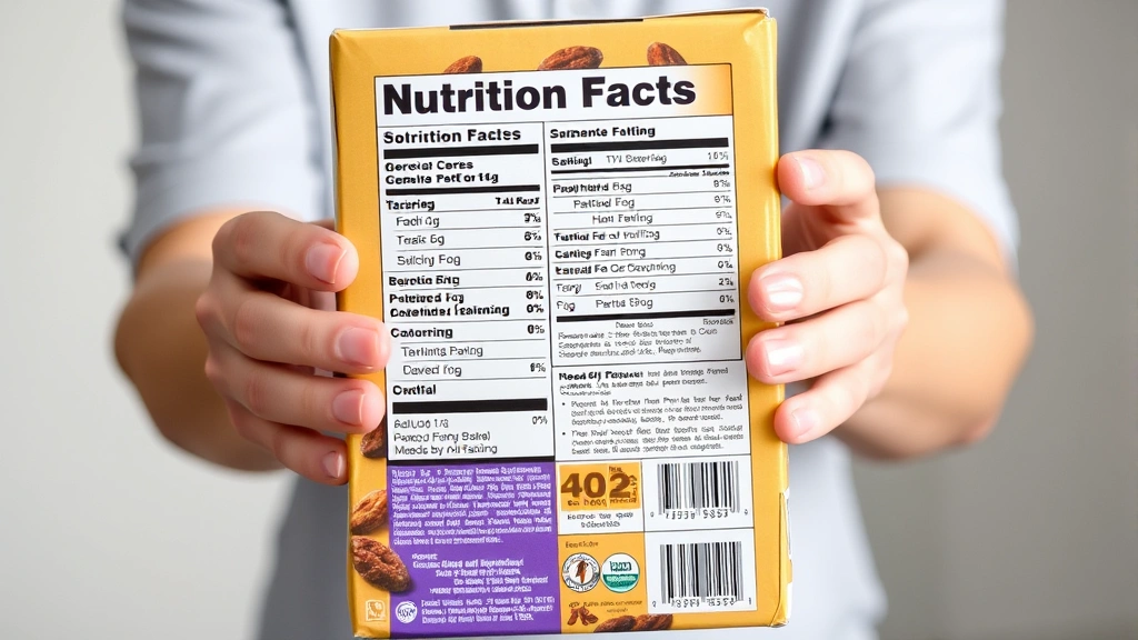 Hands holding a raisin bran cereal box displaying nutrition facts panel, professional photography, clear focus on nutritional information label