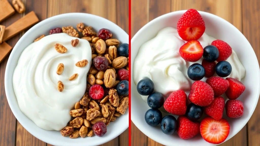 Split-screen breakfast comparison showing raisin bran with Greek yogurt and berries on one side, emphasizing balanced nutrition and meal composition