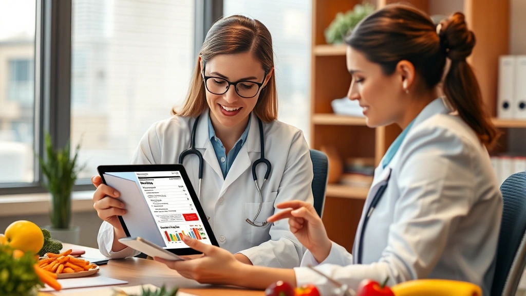 Registered dietitian reviewing nutritional information on tablet with fast-food nutrition facts displayed, sitting at professional office desk with fresh vegetables and measuring tools visible, warm professional lighting, analytical focused expression