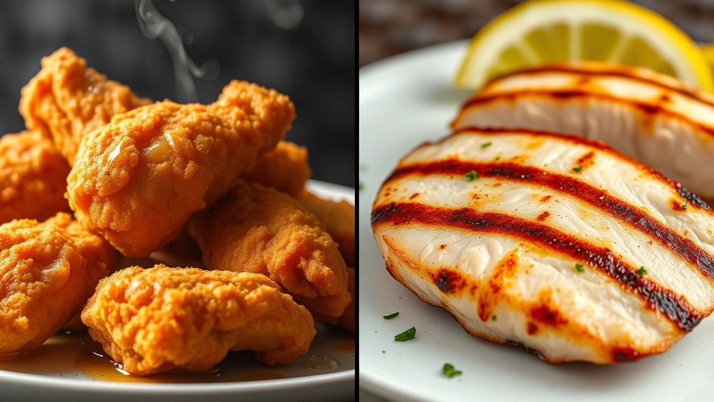 Split-screen comparison showing fried chicken tenders on one side with oil droplets and steam, grilled chicken breast on other side, professional food photography with clinical lighting and nutritional data visualization overlaid