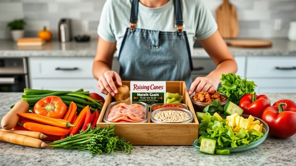 Person meal planning with healthy ingredients spread across modern kitchen counter including fresh vegetables, lean proteins, whole grains, with Raising Cane's box positioned strategically showing strategic portion control and balanced meal composition
