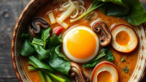 Close-up overhead view of a vibrant ramen bowl with fresh vegetables like bok choy, mushrooms, spinach, and a soft-boiled egg, steam rising, authentic Japanese style, professional food photography lighting, shallow depth of field, no text or labels visible