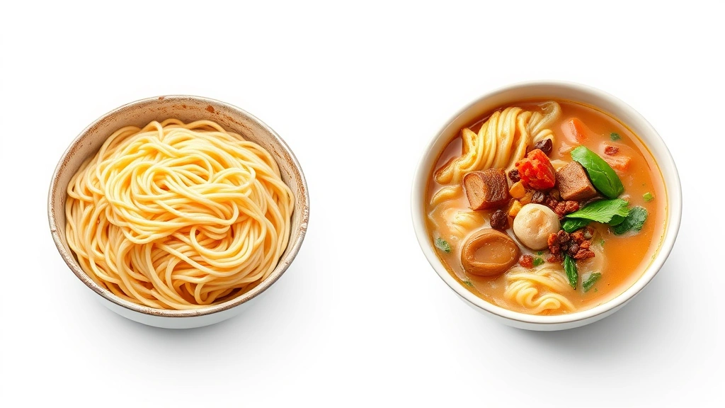 Split-screen comparison showing instant ramen noodles in one half and fresh ramen with broth and toppings in the other, clean white background, natural lighting, clear distinction between dried and fresh noodle types, photorealistic detail, no packaging or text
