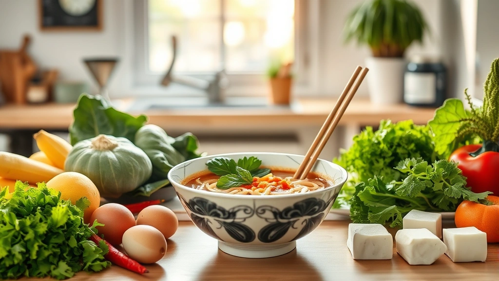 Nutritionist's workspace with fresh ingredients (vegetables, eggs, tofu, herbs) arranged around a bowl of ramen, representing healthy modifications, warm natural light from window, professional but inviting aesthetic, no visible charts or text overlays