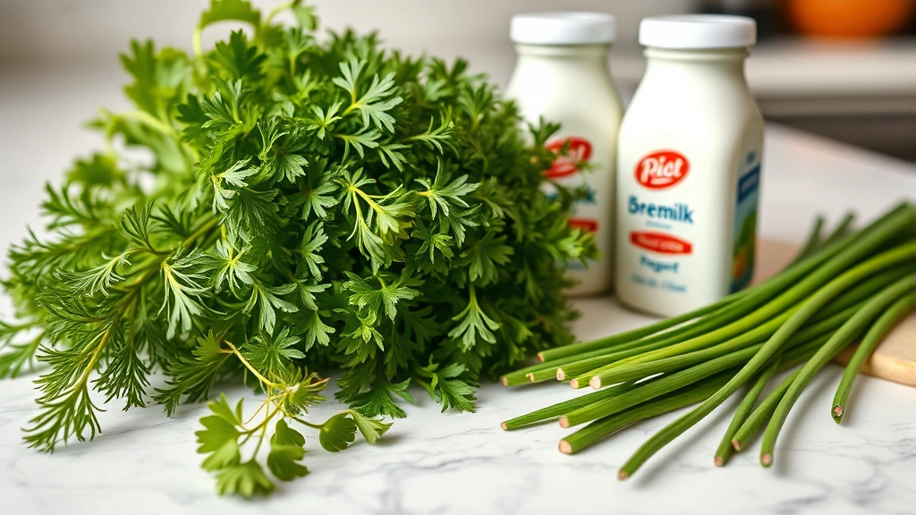 Close-up of fresh herbs—dill, parsley, chives—arranged on a marble countertop with buttermilk and Greek yogurt containers, natural daylight, photorealistic, no text, healthy ingredient focus