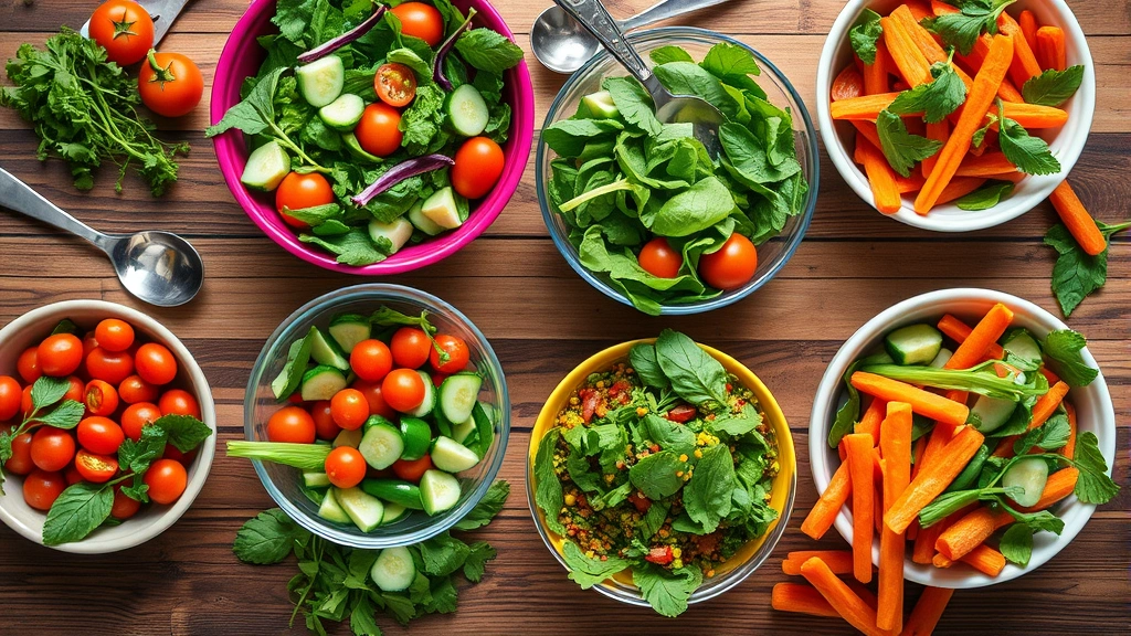 Aerial view of colorful salad bowls with various vegetables—leafy greens, tomatoes, cucumbers, carrots—on a wooden table with measuring spoons nearby, bright natural lighting, photorealistic, no labels or text