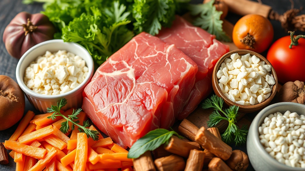 Close-up of high-quality fresh meat proteins and whole food ingredients arranged professionally, representing premium pet nutrition sourcing standards