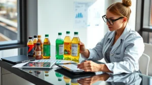 Professional dietitian analyzing energy drink bottles and nutrition labels on a modern desk with tablets and charts, natural lighting, realistic photography