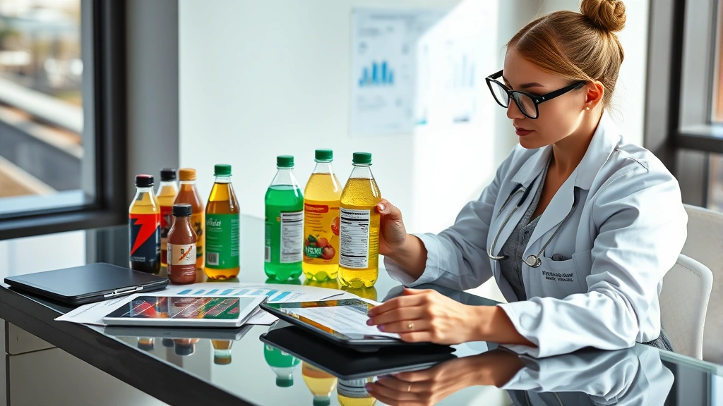 Professional dietitian analyzing energy drink bottles and nutrition labels on a modern desk with tablets and charts, natural lighting, realistic photography