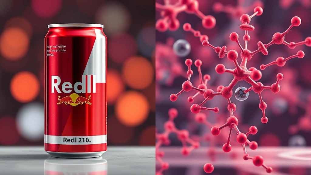 Split-screen showing red bull can on left side with molecular structures and biochemical pathways on right side, digital health visualization, photorealistic style