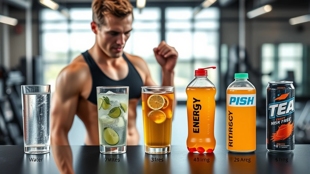 Athlete comparing different beverage options including water, tea, and energy drinks with performance metrics displayed, modern fitness environment, realistic photography