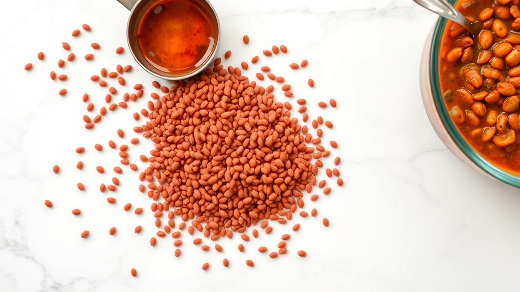 Professional flat lay of dry red lentils scattered on white marble countertop with measuring cup and glass bowl containing cooked red lentil curry, natural daylight, clean food photography style, no text visible