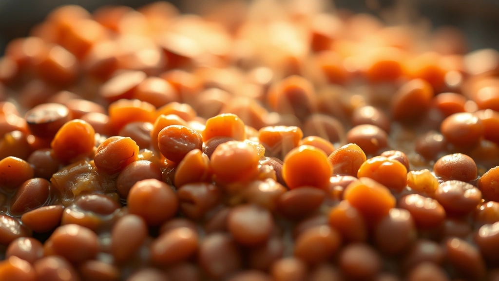 Close-up macro shot of cooked red lentil texture showing individual lentils and creamy consistency, steam rising, warm golden lighting, shallow depth of field, food styling focused on texture detail