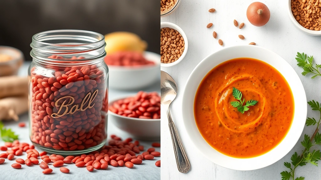 Split-screen comparison showing raw red lentils in glass jar on left and prepared red lentil soup in white ceramic bowl on right, ingredients arranged artfully around bowls, professional food photography, bright natural lighting