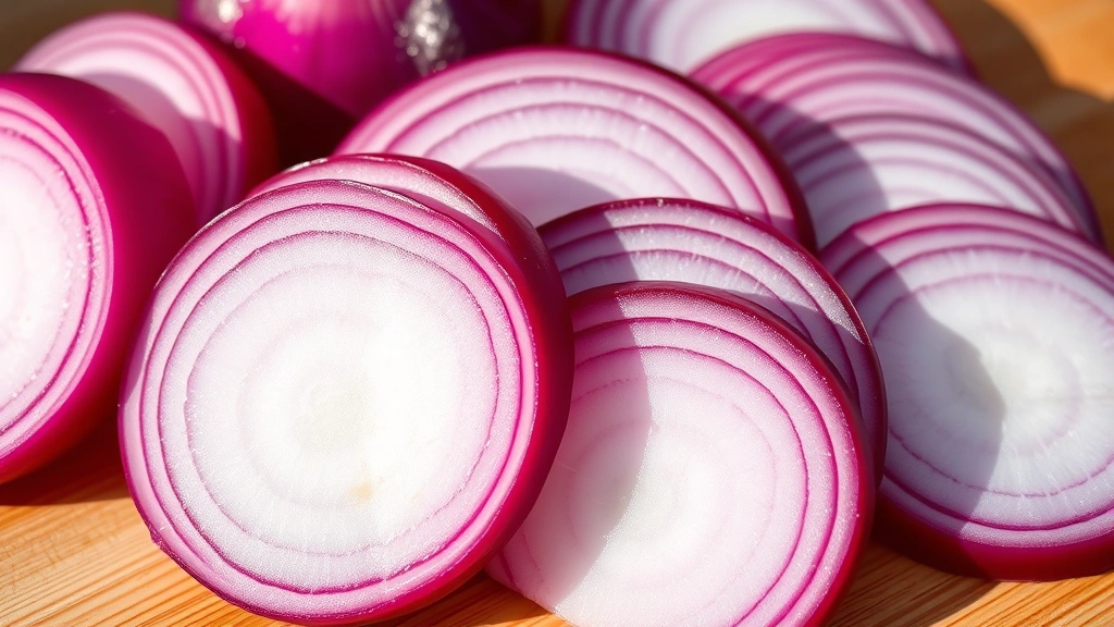 Close-up of freshly sliced red onion rings showing vibrant crimson layers and translucent texture, arranged on a wooden cutting board with morning light creating shadows, emphasizing the rich color and nutrient-dense appearance
