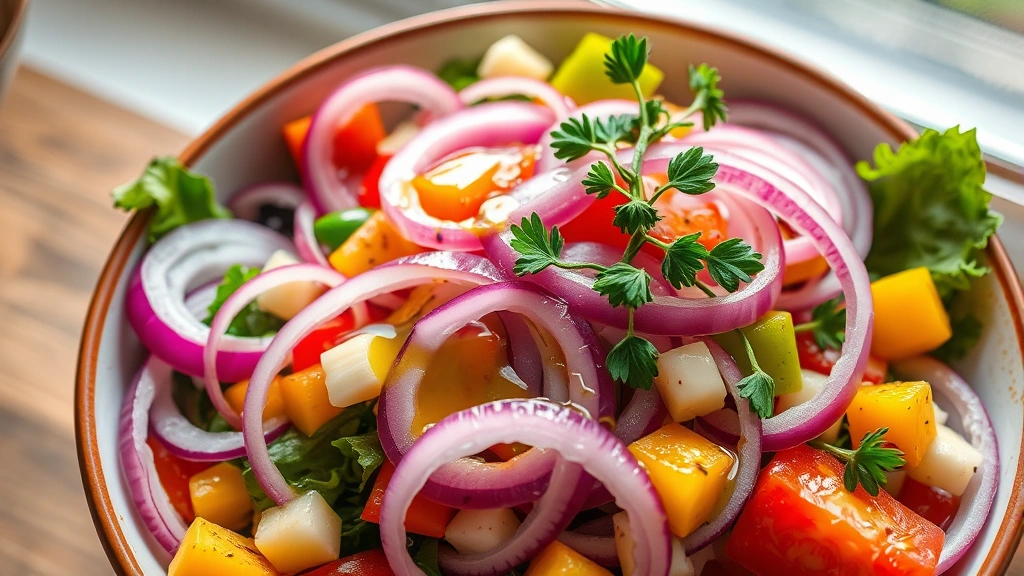 Vibrant salad bowl featuring raw red onion slices mixed with colorful vegetables, olive oil drizzle catching light, fresh herbs garnishing top, photographed from above with natural window lighting emphasizing food freshness and healthy eating