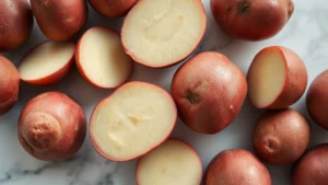 Close-up overhead shot of fresh red potatoes with thin crimson skin and creamy pale interior, some cut in half showing texture, arranged on a clean white marble surface with soft natural window light, shallow depth of field focusing on cut surfaces