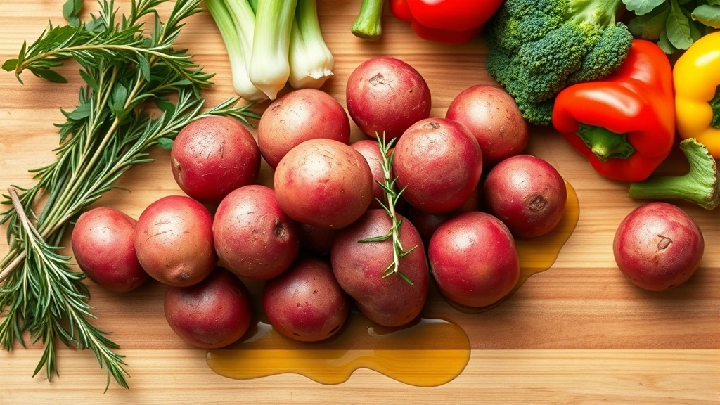 Vibrant flat lay composition of red potatoes, fresh herbs like rosemary and thyme, olive oil drizzle, and colorful vegetables including broccoli and bell peppers on a wooden cutting board, bright daylight photography, professional food styling