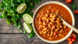 Close-up overhead shot of a vibrant bowl of refried beans with a wooden spoon, surrounded by fresh cilantro, lime wedges, and diced tomatoes on a rustic wooden table, natural lighting from above