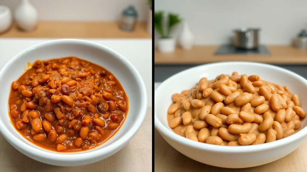 Split-screen comparison showing a restaurant-style rich refried beans portion on one side and a homemade lighter version on the other, both in white bowls with visible texture differences, minimalist kitchen setting