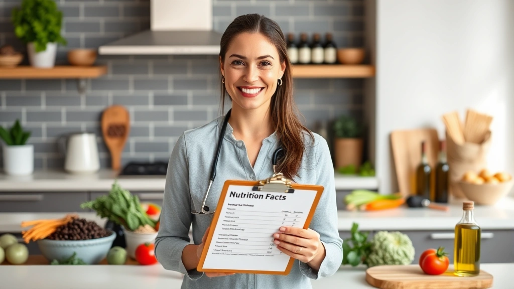Nutritionist or dietitian holding a clipboard with nutrition facts, standing in a modern kitchen with fresh ingredients visible including beans, vegetables, and olive oil in background, professional yet approachable appearance
