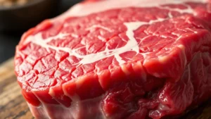 Close-up of premium marbled ribeye steak showing intramuscular fat distribution, vibrant red muscle tissue, and rich protein structure, raw preparation state, professional butcher photography style