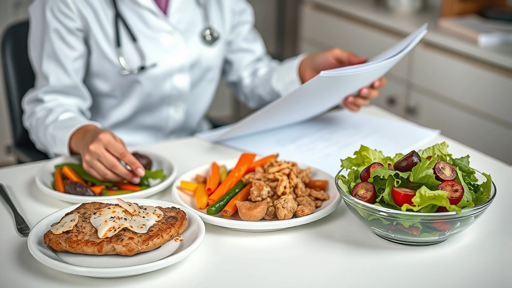 Nutritionist reviewing dietary assessment documents at desk with healthy meal components visible including lean protein portion, roasted vegetables, whole grains, and fresh salad on table