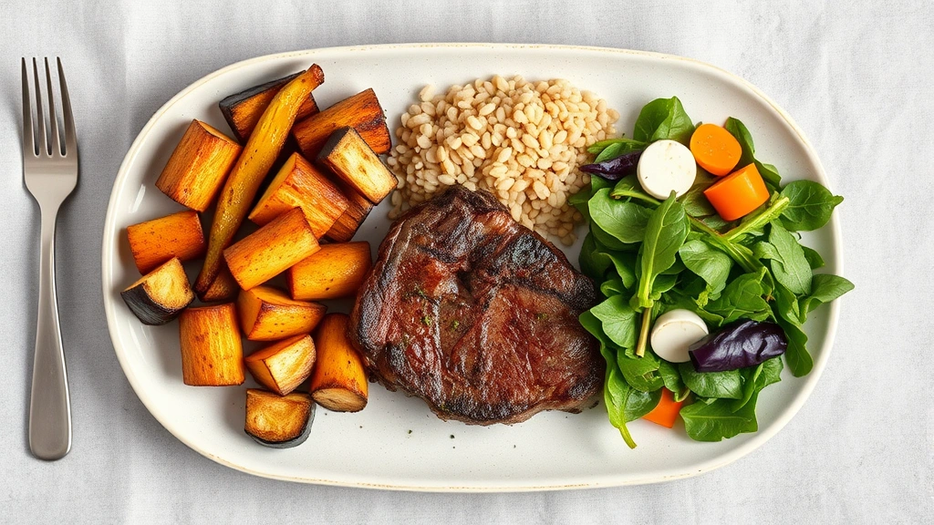 Overhead flat-lay composition of balanced dinner plate featuring properly-portioned ribeye steak, roasted vegetables, whole grain side, leafy greens salad, representing complete nutritious meal