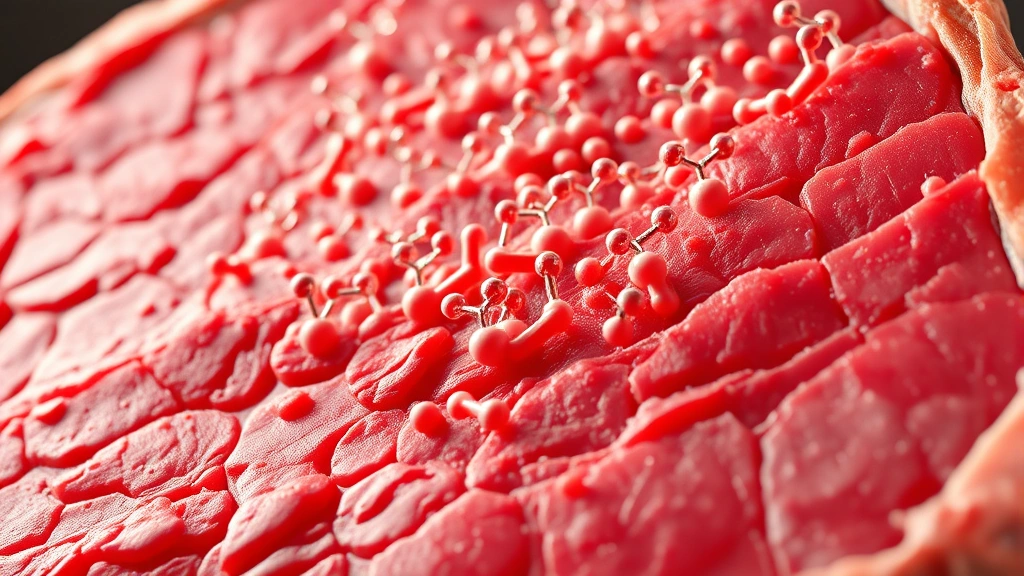 Close-up scientific visualization of amino acids and nutrient molecules dispersing from a cross-section of red meat tissue, photorealistic 3D rendering with warm lighting, microscopic detail clarity, no text or labels