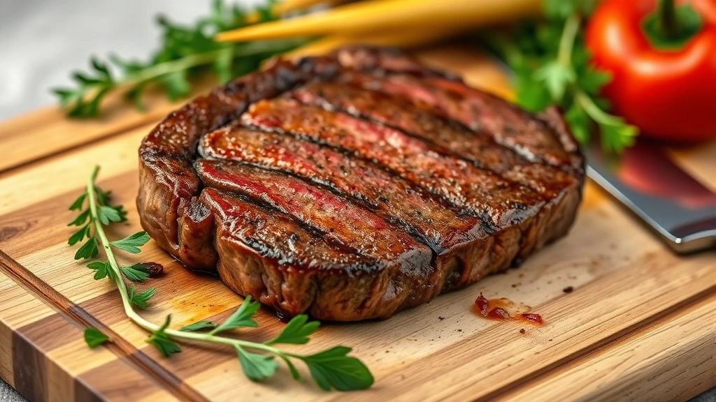 Professional food photography of a perfectly cooked ribeye steak on a wooden cutting board with fresh herbs and vegetables surrounding it, showing the marbling pattern clearly, studio lighting, shallow depth of field