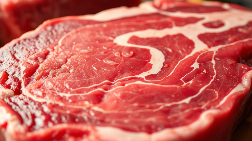 Close-up macro photography of raw ribeye steak marbling texture showing intramuscular fat distribution, natural daylight, realistic meat surface detail, professional butcher shop setting