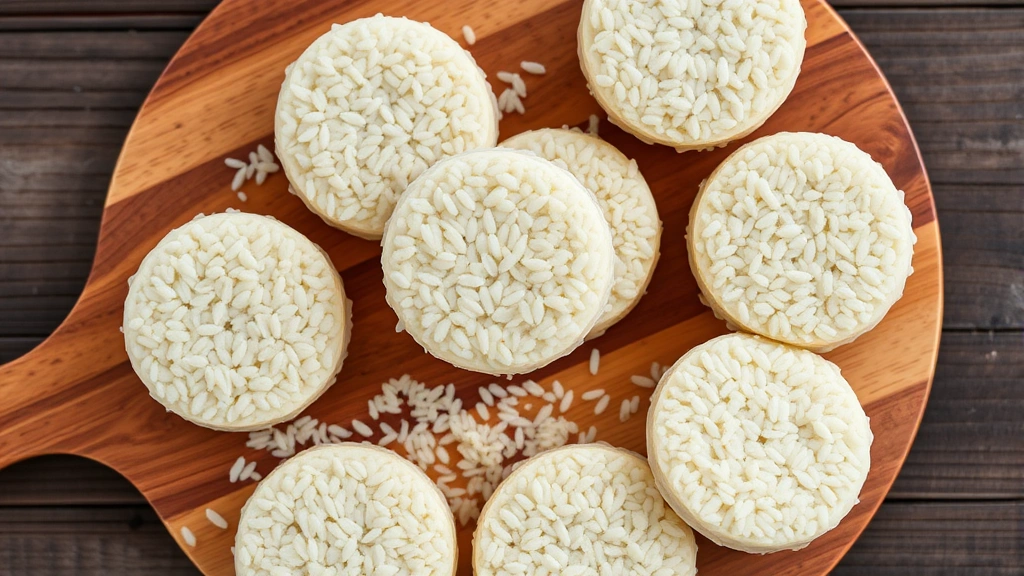 Close-up overhead shot of various rice cakes on a wooden board with scattered grains of rice, natural morning light, minimalist food styling, health-conscious aesthetic
