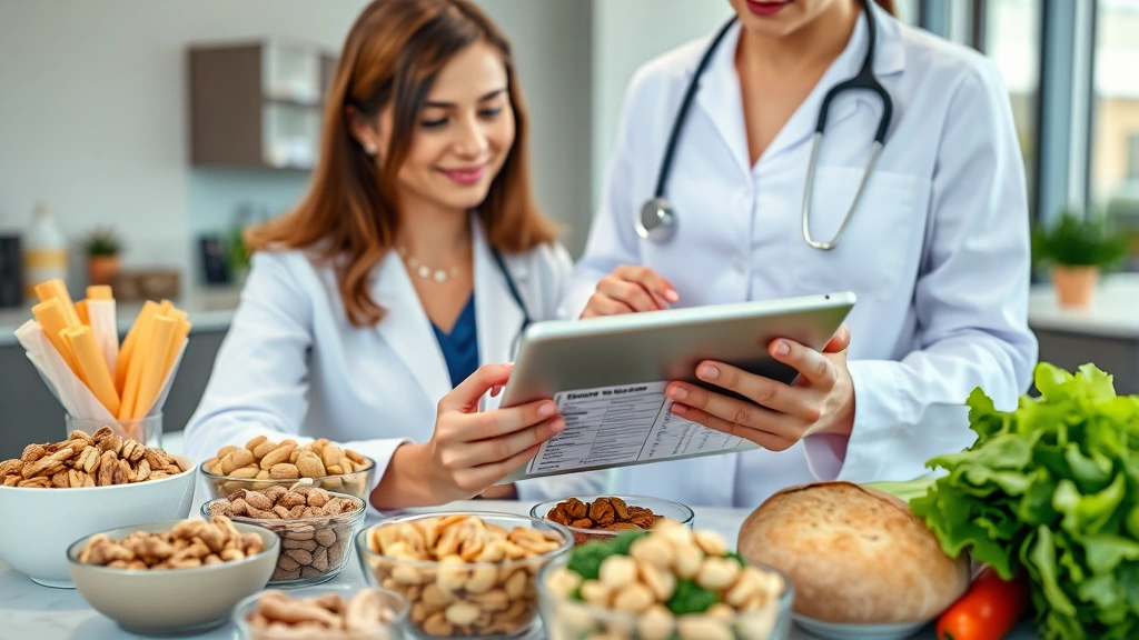 Nutritionist reviewing food labels and nutrition data on tablet surrounded by healthy snack options including nuts, whole grain bread, and vegetables, modern clinic setting