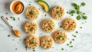 Overhead flat lay of assorted rice cakes arranged on marble surface with scattered toppings like almond butter, avocado, and fresh herbs nearby, natural daylight, professional food photography style, emphasizing texture and simplicity