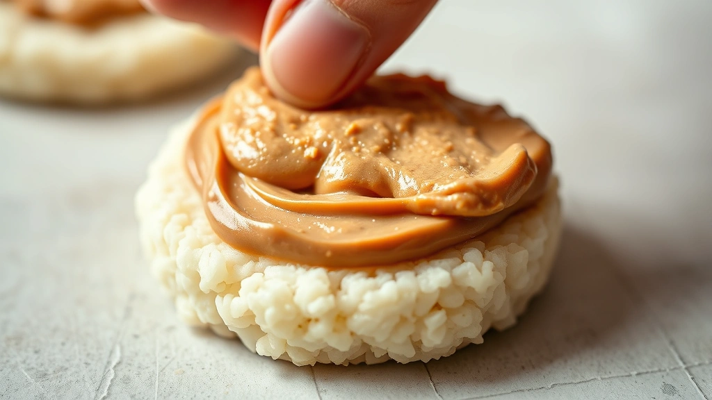 Close-up action shot of hand spreading creamy nut butter on a single rice cake, showing the texture of both the cake and spread, soft natural lighting, shallow depth of field, contemporary food styling aesthetic