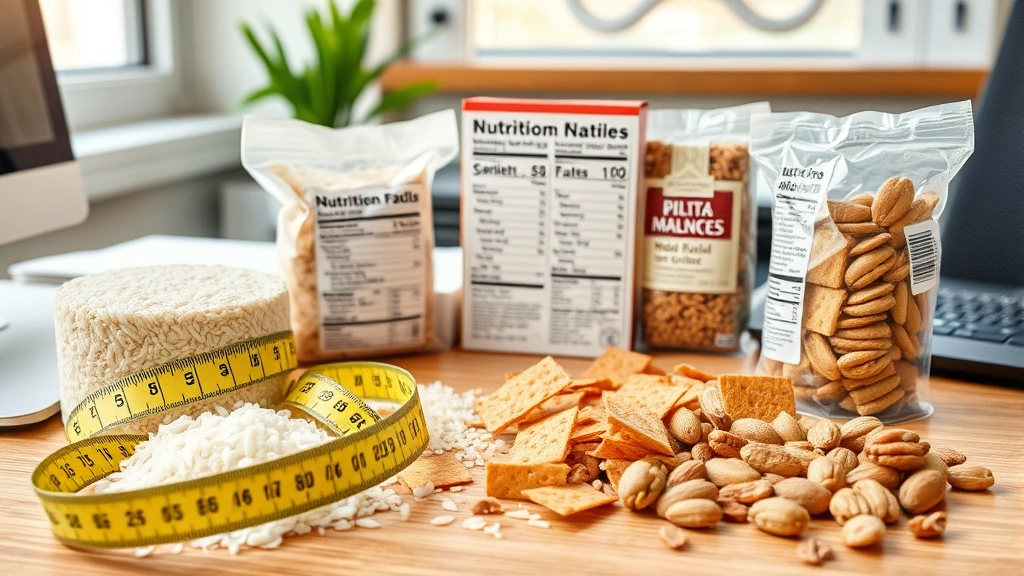 Nutritionist's workspace with rice cakes, measuring tape, nutrition labels, and healthy food alternatives like whole grain crackers and nuts arranged on desk, suggesting comparative analysis, professional office environment, natural window lighting