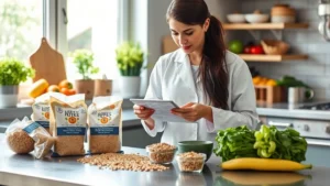 Professional female nutritionist wearing white coat examining rice cake packaging and whole grains on stainless steel kitchen counter with natural window lighting, fresh produce visible in background