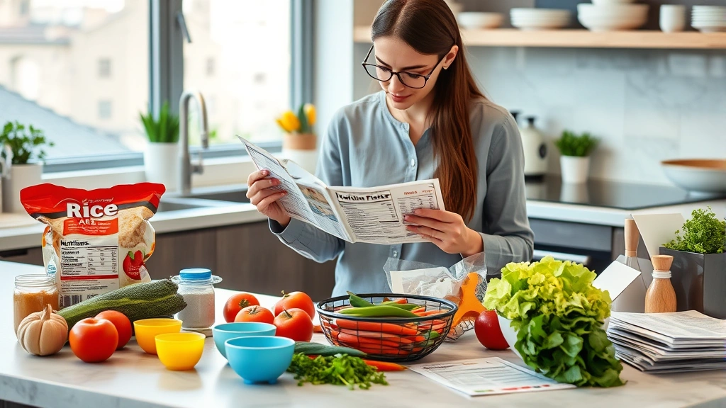 Nutritionist analyzing food labels and rice cake packages on a modern kitchen counter with fresh vegetables, measuring cups, and nutritional reference materials scattered nearby