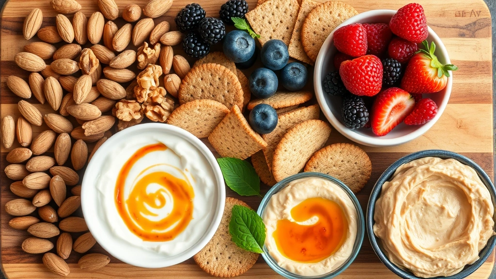Overhead view of various nutritious snack alternatives including almonds, walnuts, fresh berries, whole grain crackers, Greek yogurt bowl, and hummus arranged on a wooden serving board with natural lighting