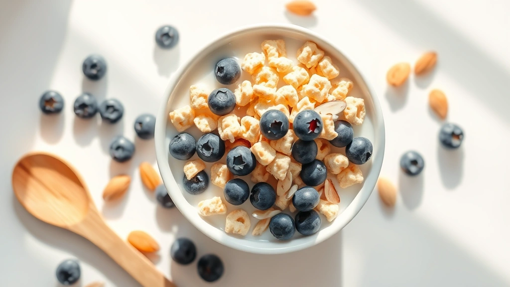 Close-up overhead view of a white ceramic bowl filled with Rice Krispies cereal and milk, surrounded by fresh blueberries, sliced almonds, and a wooden spoon on a bright white kitchen counter with natural morning sunlight streaming across the surface
