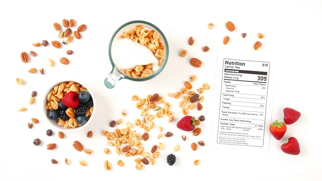 Flat lay composition showing various breakfast components arranged artfully: a measuring cup of Rice Krispies, a glass of milk being poured, scattered nuts and seeds, fresh berries, and an open nutrition label on a clean white background