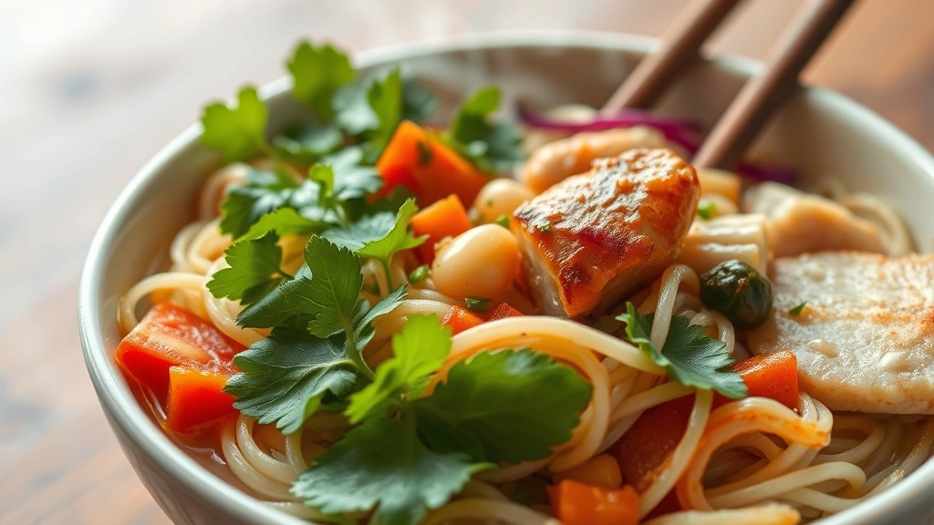 Close-up of steaming bowl of rice noodles with fresh herbs, vibrant vegetables, and protein components in soft natural lighting, professional food photography style, no text or labels visible