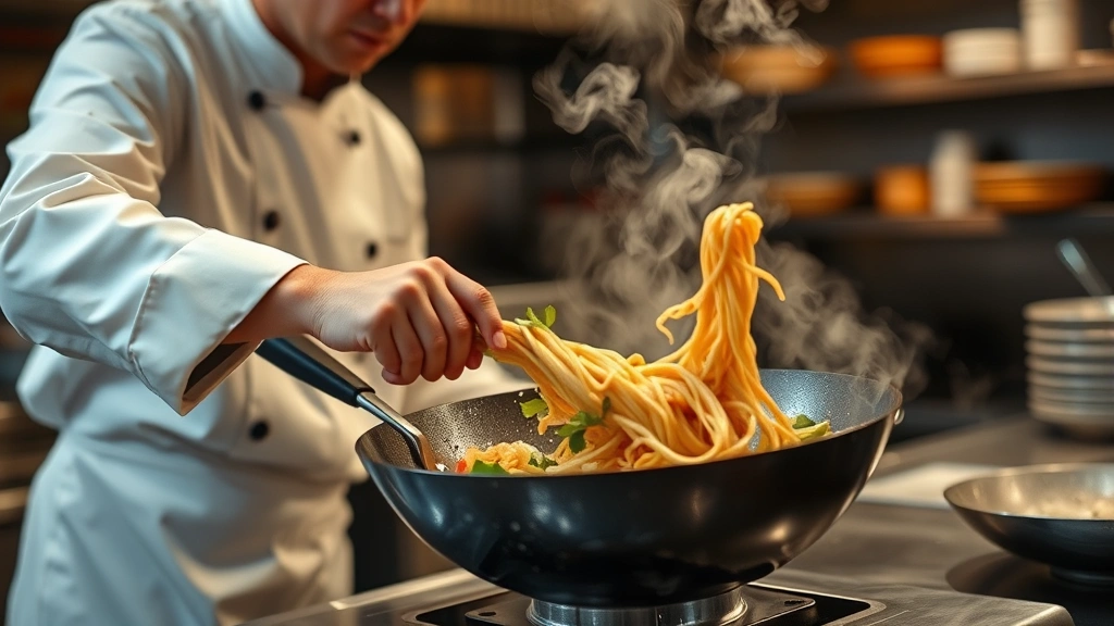 Professional kitchen scene with chef preparing rice noodle stir-fry, motion captured with vegetables and noodles mid-toss in wok, warm lighting, steam rising, no visible text or branding, focus on food preparation technique