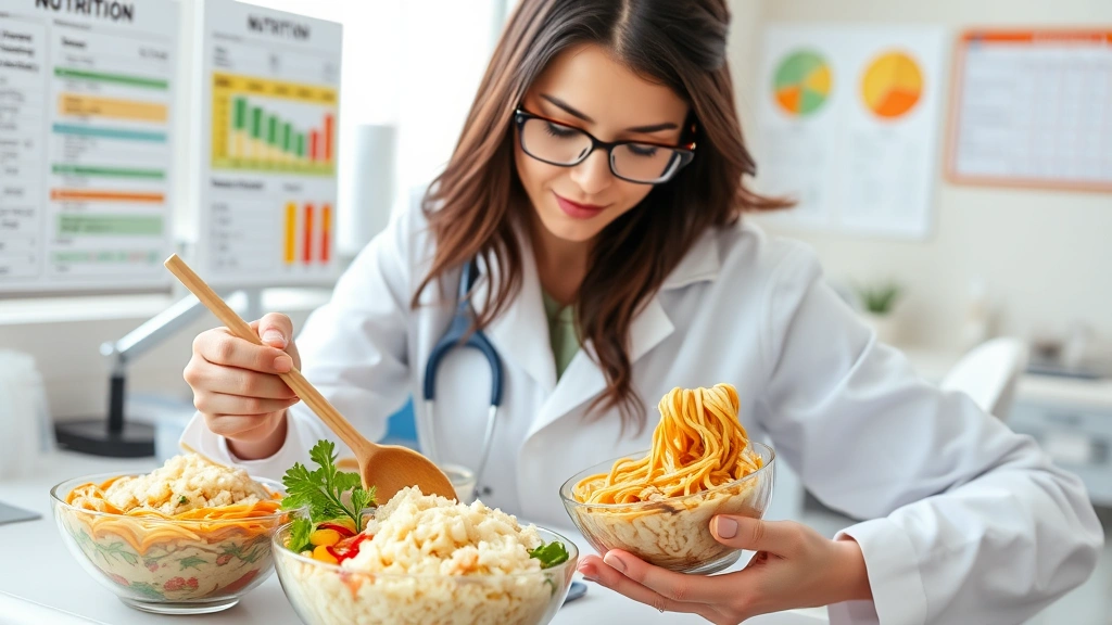 Professional dietitian in white coat examining bowls of different rice noodle varieties with analytical precision, laboratory setting with nutrition charts on walls, natural daylight